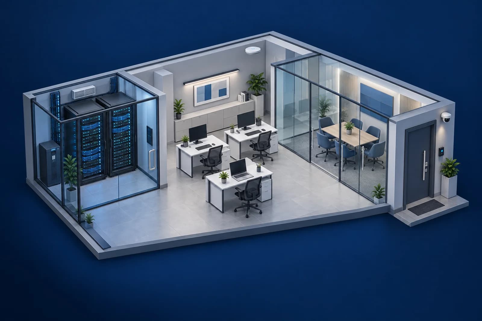 Illustrative cutaway of a connected office with a server room, workstations and access-controlled entrance