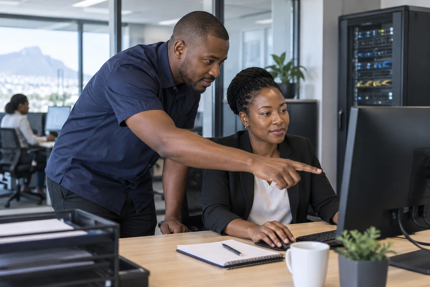 AI-generated illustration of an IT technician helping an office user; not a Leano ICT employee or client photograph.