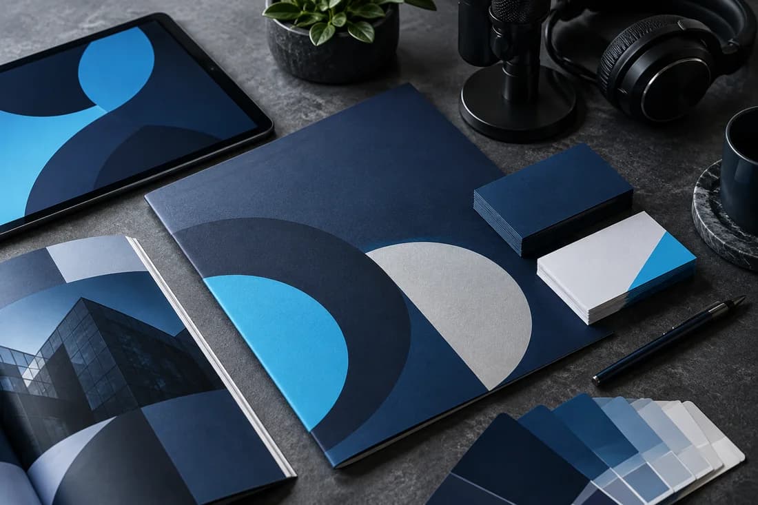Illustration of coordinated brand stationery and creative production equipment