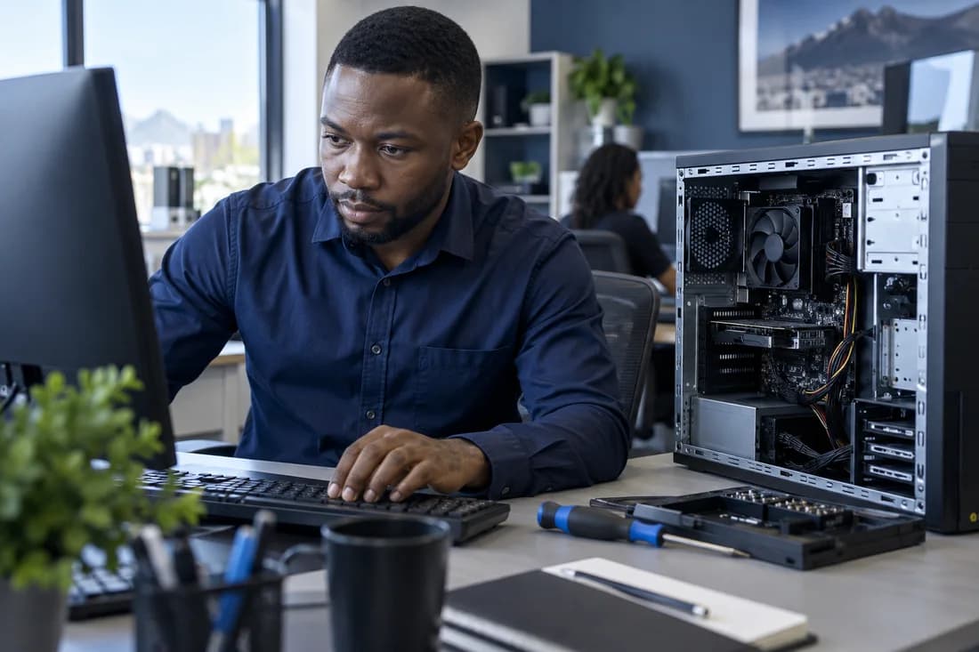 Illustration of a technician diagnosing a desktop computer