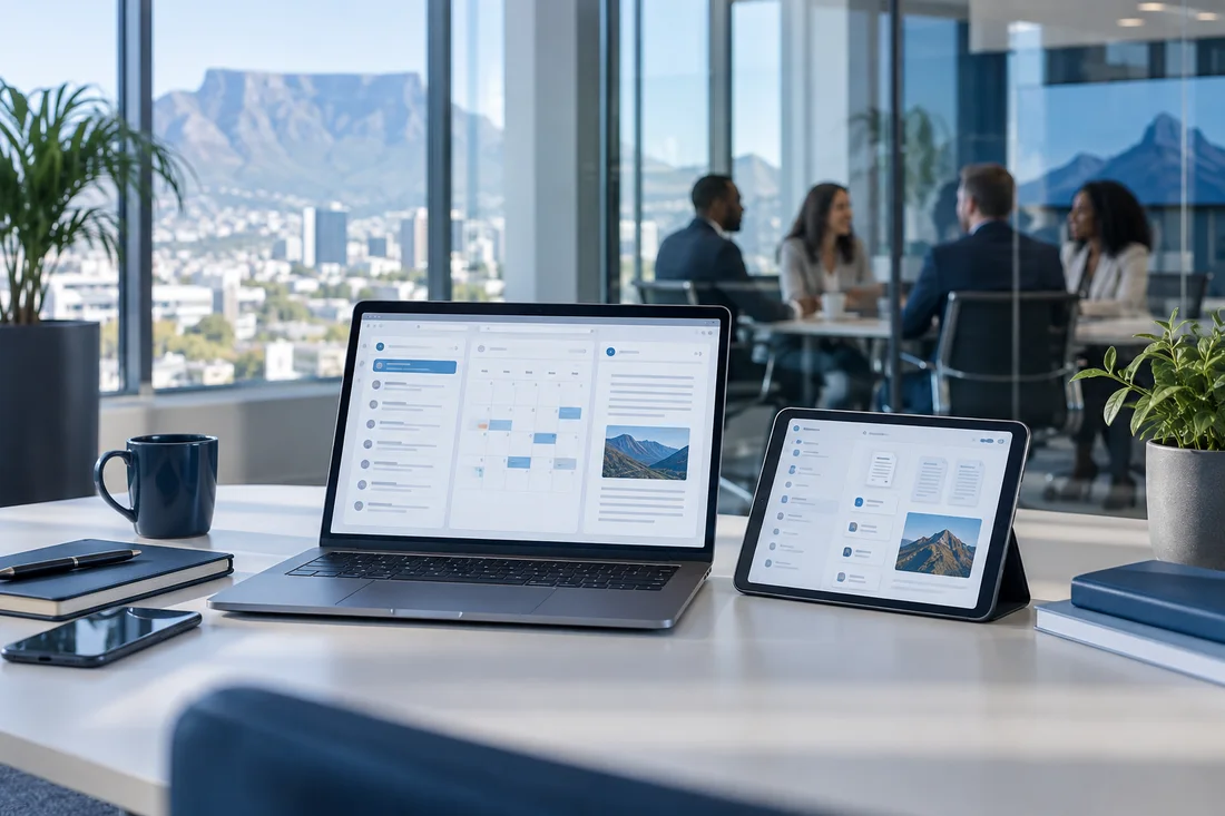Illustration of email and collaboration tools on office devices
