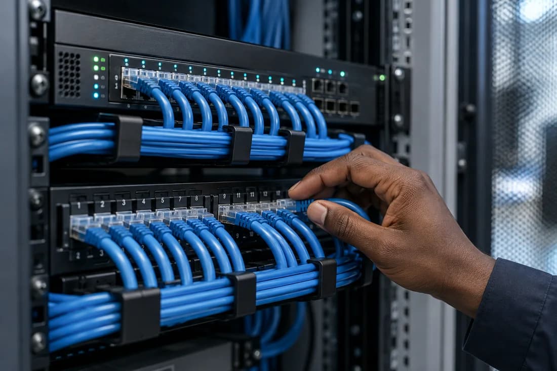 Illustration of organised blue network cabling and managed switches