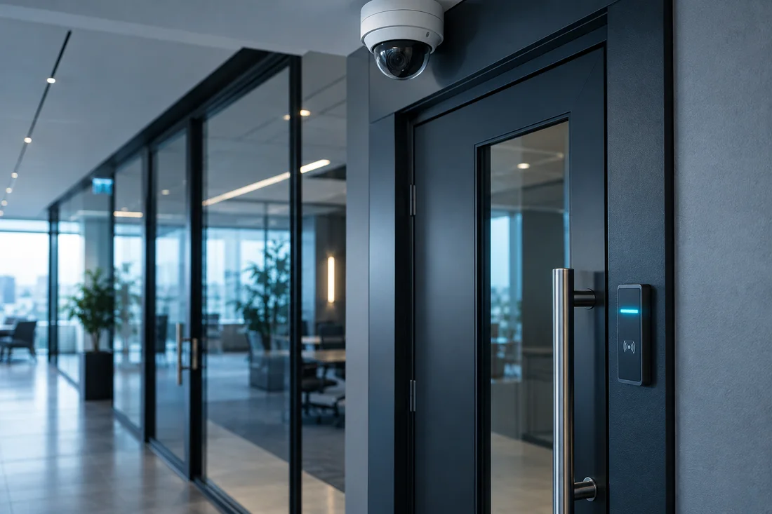 Illustration of a CCTV camera and access reader at an office entrance