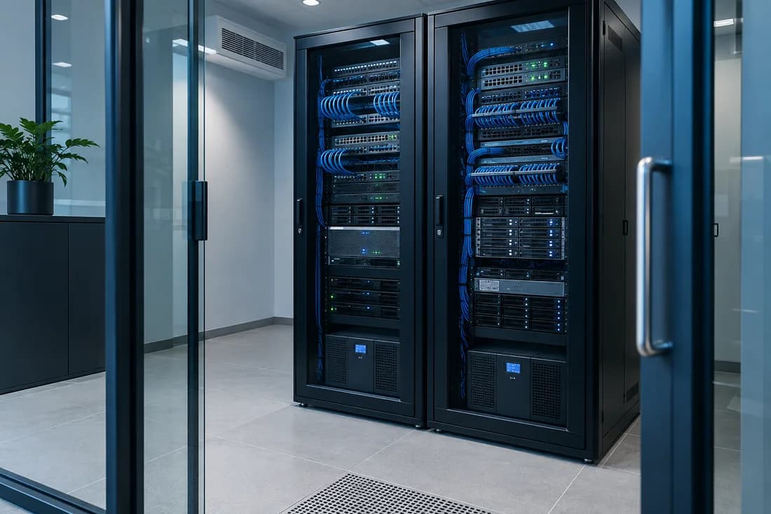 Illustration of a tidy server room with racks and backup power