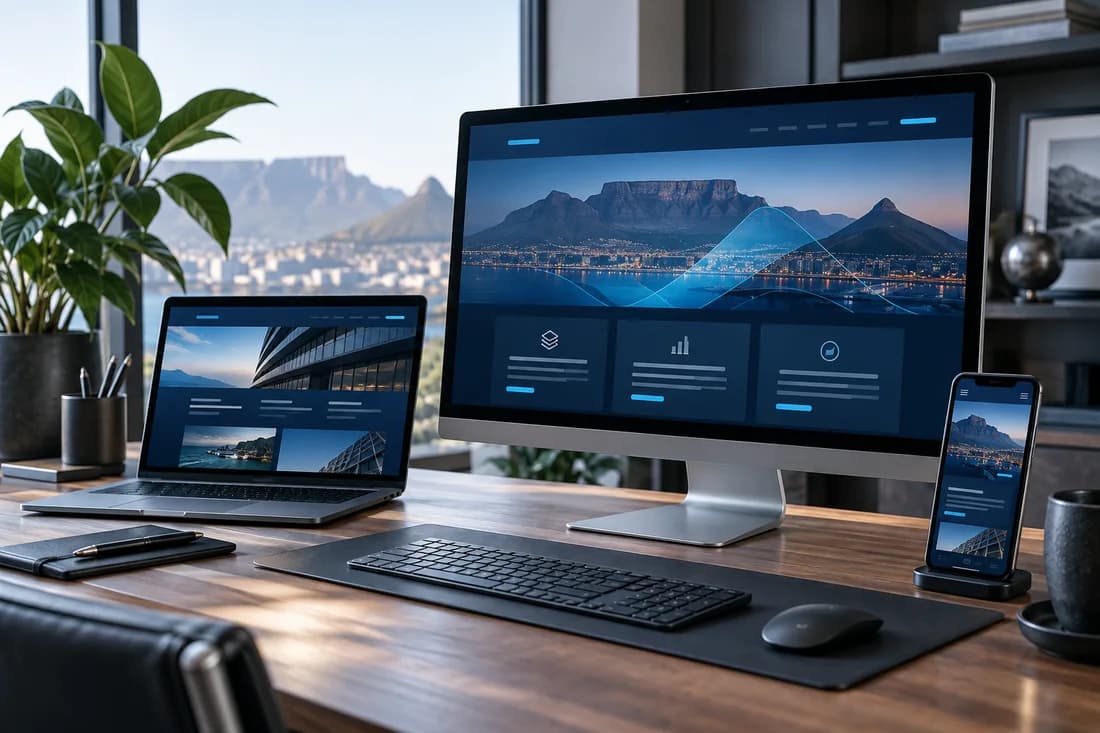 Illustration of responsive business website layouts across three devices